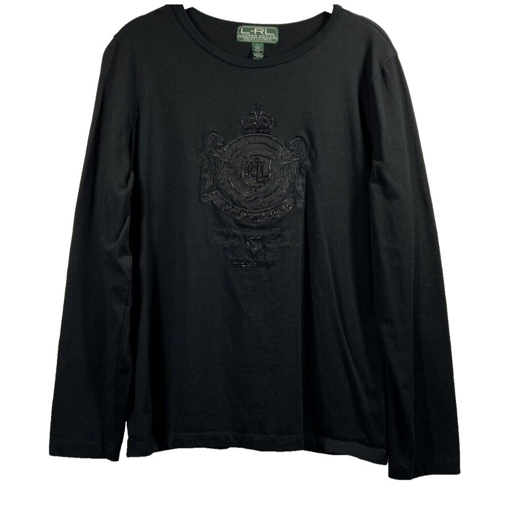 Ralph Lauren Active Crest Top‎ L Beaded Long Sleeve Solid Black Pullover Stretch
